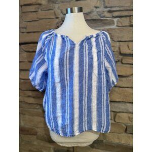 Talbots Blue & White Striped 100% Linen Top Women Petite Size XL